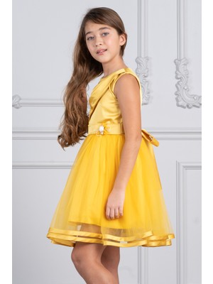 Kız Çocuk Drapeli Saten ve Tüllü Abiye Elbise