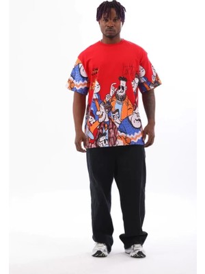 Unisex Oversize Baskılı Bisiklet Yaka T-Shirt - Kırmızı