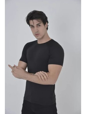 Erkek Omuz Fileli Slim Fit T-Shirt - Siyah