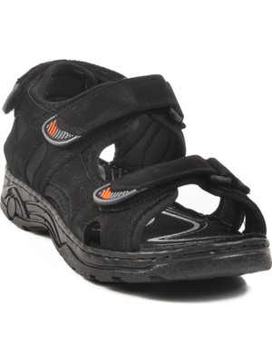 Siyah Nubuk Hakiki Deri Çift Bantlı Erkek Çocuk Sandalet 1305 G