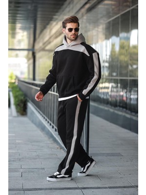 Siyah Kapüşonlu Şerit Detaylı Erkek Eşofman Takımı E7326