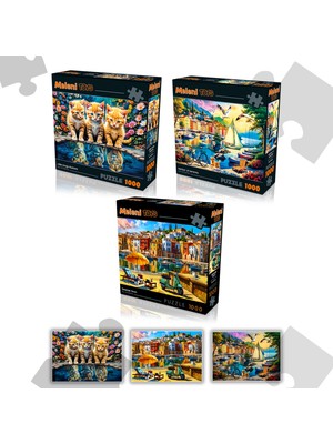 3 Adet 1000 Parça Puzzle - Aslan Kral Kedi, Sahil Kasabası ve Limanda Sakinlik Yapboz 68X48 cm