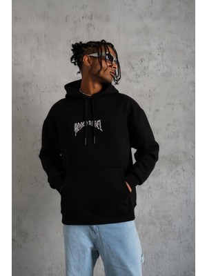 Erkek Kordon Ipli Baskılı Kapüşonlu Sweatshirt - Siyah