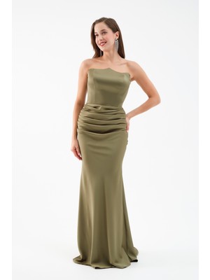 Kadın Haki Straplez Uzun Saten Söz Nişan Abiye Elbise