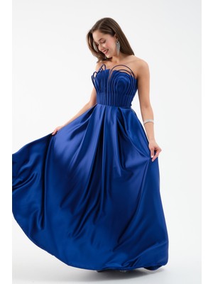 Kadın Saks Göğüs Detay Uzun Saten Abiye Elbise