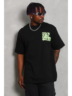 Unisex Oversize Baskılı Bisiklet Yaka T-Shirt - Siyah