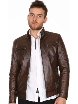 Hakiki Deri Kahverengi Hakim Yaka Omuz Işlemeli Erkek Deri Ceket