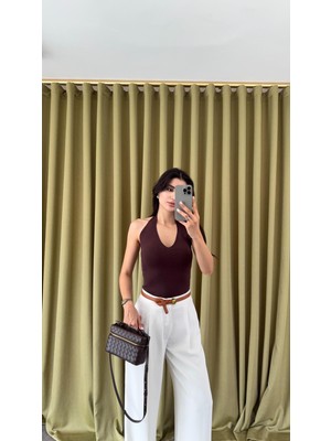 Halter Yaka Kahve Triko Bluz