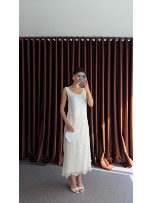 Dantel Garnili Keten Midi Elbise