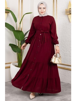 Önden Düğmeli Viskon Elbise 1124-01 Bordo