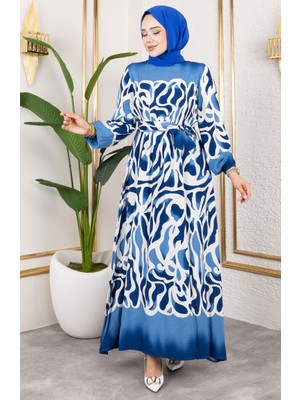 Sefa Merve Beli Lastikli Desenli Elbise 7127-04 Saks