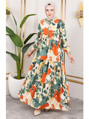 Viskon Kumaş Beli Bağcıklı Elbise 7124-02 Haki