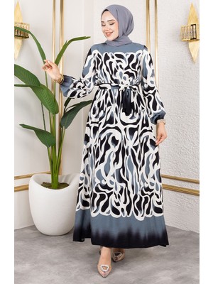 Beli Lastikli Desenli Elbise 7127-03 Siyah