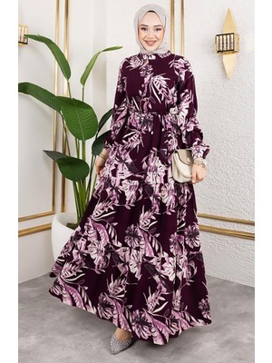 Beli Tünelli Viskon Elbise 7119-05 Mürdüm