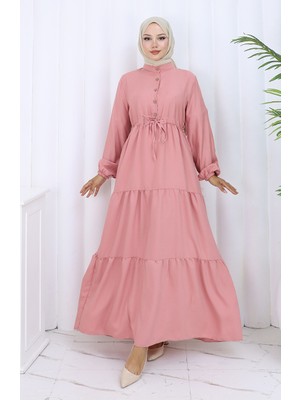 Beli Bağcıklı Düğmeli Elbise 0128-06 Gül Kurusu