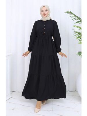 Beli Bağcıklı Düğmeli Elbise 0128-07 Siyah