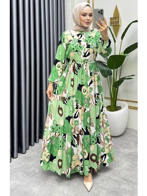 Sefa Merve Flora Desenli Viskon Elbise 7129-05 Yeşil