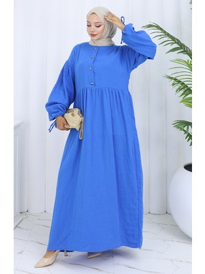 Kolu Lastikli Düğmeli Elbise 2111-03 Mavi