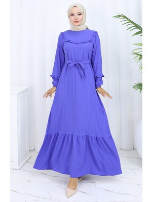 Sefa Merve Fırfırlı Kuşaklı Elbise 2116-02 Saks