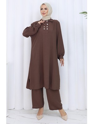 Çift Düğmeli Tunik Pantolon Ikili Takım 2118-02 Kahverengi