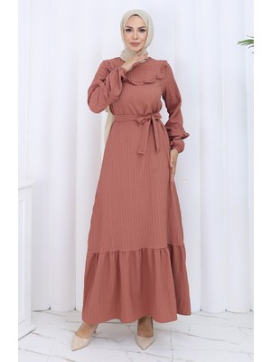 Sefa Merve Yakası Fırfırlı Kuşaklı Elbise 2123-02 Gül Kurusu
