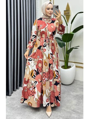 Flora Desenli Viskon Elbise 7129-04 Somon
