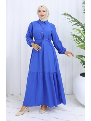 Beli Bağcıklı Düğmeli Elbise 0127-05 Mavi