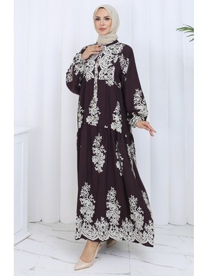 Viskon Kumaş Yarım Düğmeli Elbise 2117-02 Kahverengi