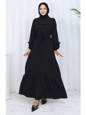 Yakası Fırfırlı Kuşaklı Elbise 2123-01 Siyah