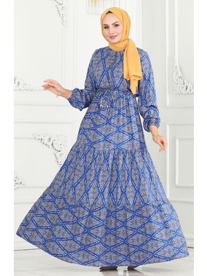 Sefa Merve Beli Bağcıklı Viskon Elbise 7109-01 Mavi