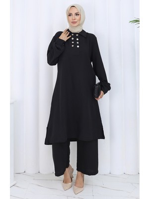 Çift Düğmeli Tunik Pantolon Ikili Takım 2118-01 Siyah