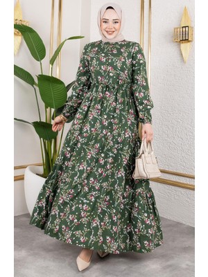 Beli Bağcıklı Viskon Elbise 7122-05 Haki