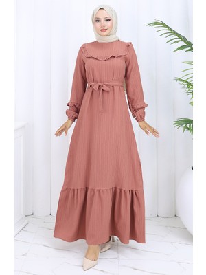 Fırfırlı Kuşaklı Elbise 2116-01 Soğan Kabuğu