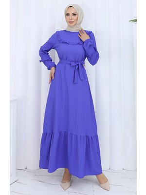 Yakası Fırfırlı Kuşaklı Elbise 2123-04 Patlıcan Renk