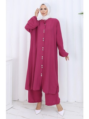 Boydan Düğmeli Tunik Pantolon Ikili Takım 2114-03 Vişne