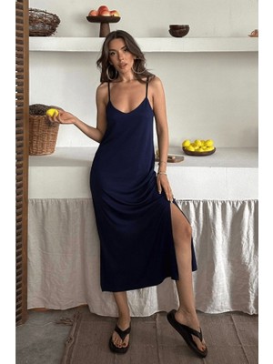 Kadın Siyah Asansör Askılı Çift Yırtmaçlı Helen Elbise