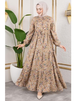 Beli Bağcıklı Viskon Elbise 7122-06 Vizon