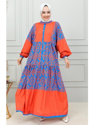 Etnik Desenli Tesettür Elbise 0302-01 Lacivert