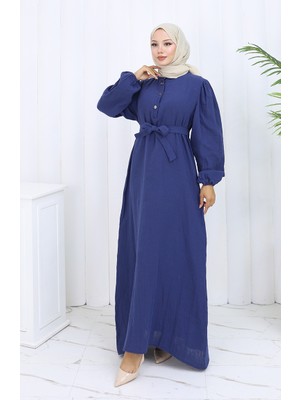 Kolu Lastikli Kuşaklı Elbise 2112-02 Lacivert
