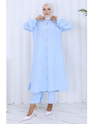 Boydan Düğmeli Tunik Pantolon Ikili Takım 2114-07 Mavi