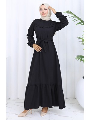 Fırfırlı Kuşaklı Elbise 2116-04 Siyah