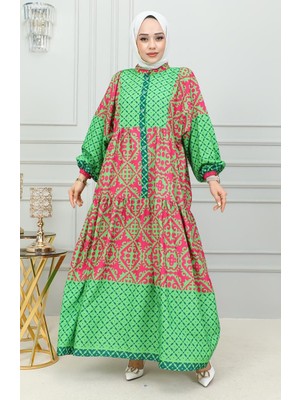 Etnik Desenli Tesettür Elbise 0302-04 Yeşil