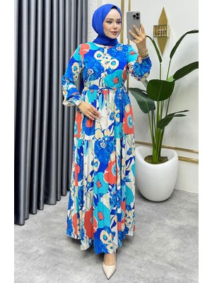 Sefa Merve Flora Desenli Viskon Elbise 7129-03 Saks