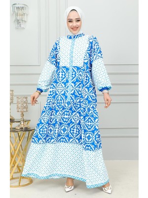 Etnik Desenli Tesettür Elbise 0302-02 Mavi