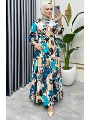 Sefa Merve Flora Desenli Viskon Elbise 7129-02 Petrol