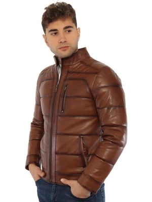 Hakiki Deri Kahverengi Işlemeli Luca Erkek Deri Ceket