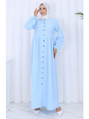 Boydan Düğmeli Kolu Lastikli Ferace 2124-02 Mavi