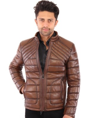 Hakiki Deri Kahverengi Işlemeli Aleron Erkek Deri Ceket