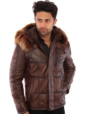 Hakiki Deri Kahverengi Kapşon Kürklü Como Erkek Deri Ceket