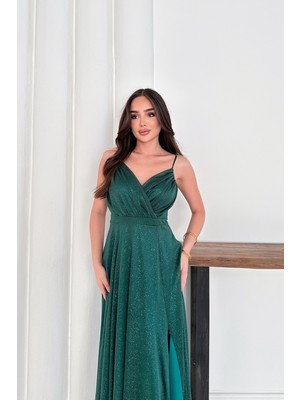 Neşeli Butik Kadın Ayarlanabilir Askılı Yırtmaçlı Tül Abiye Elbise RYS9276